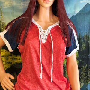 Lot of 2 Casual Red/Blue and Black/Yellow Lace-Up Women's Tee